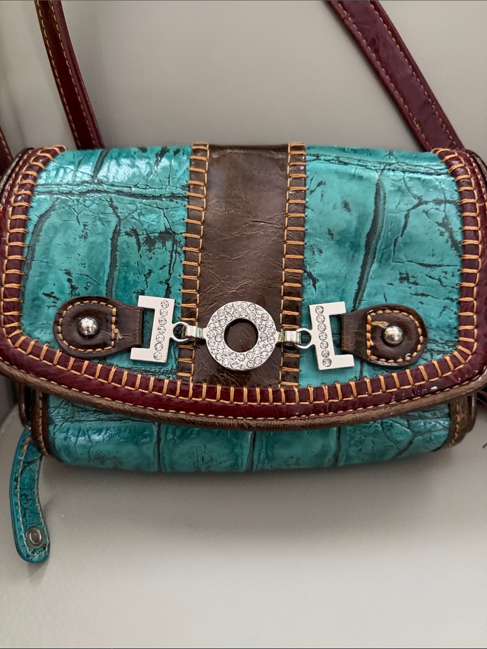 Women’s Turquoise and Brown Leather Crossbody Bag